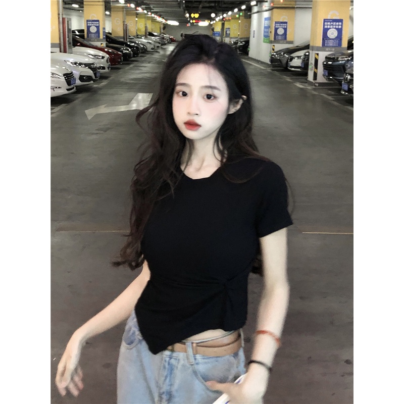 ✣❇Suhao kaos import wanita kaos wanita gaya korea lengan pendek kaos pendek perempuan desain rasa kerut tidak beraturan pendek lengan pendek wanita t-shirt musim panas kecil ramping ramping gaya asing hot girl top