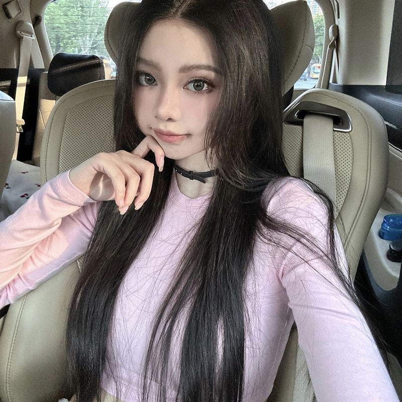 Red Baru Warna Solid Sederhana Hot Girl Slim Lengan Panjang Bagian Dalam Top Wanita Musim Gugur Pakaian All-Match Bottoming pendek Katun T-shirt Wanita