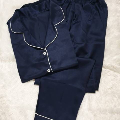 Baju Piama Wanita  cewe pajamas satin silky murah PP - Navy Ukuran Dewasa lucu lengan pendek dewasa 