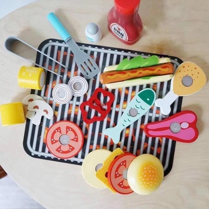 HOT SALE WOODEN BBQ SET TOYS, WOODEN CUTTING BBQ TOYS, MAINAN BARBEQUE KAYU TERMURAH