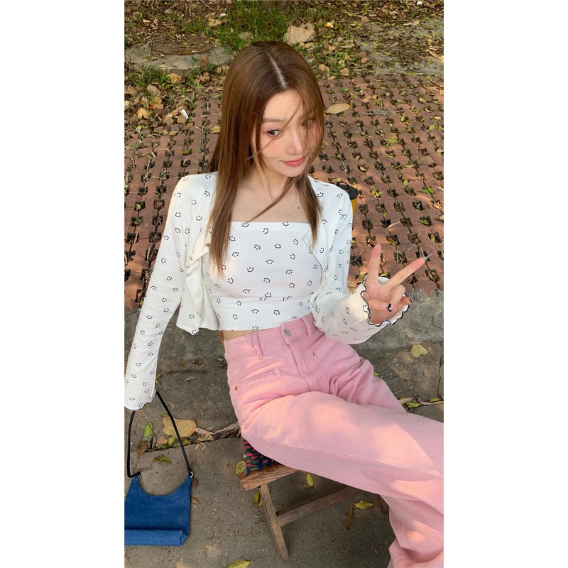 08#Tembakan Nyata Hemat Biaya Kardigan Lengan Panjang Motif Wajah Tersenyum PutihTT-shirt+Ta00