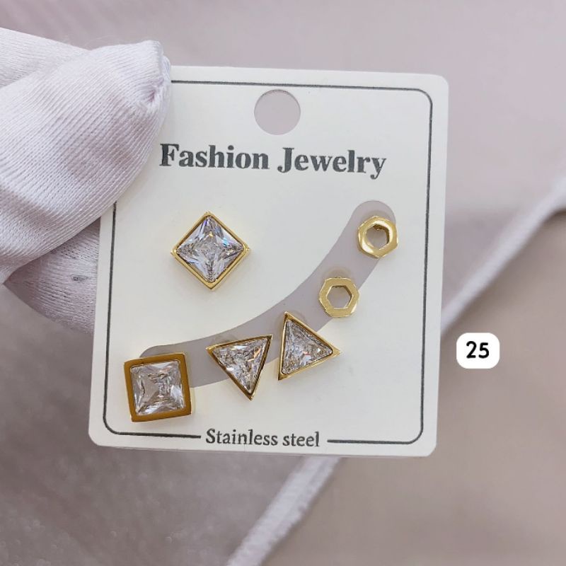 Anting Titanium asli 1 kap  isi 3set A024 A025 Kilau mirip emas asli Premium Quality Anti karat anti alergi Stainless steel ori
