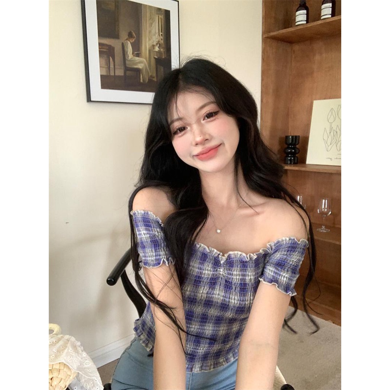 08#Tembakan Nyata Hemat Biaya Atasan Ramping Bahu Terbuka Telinga Kayu Retro Prancis