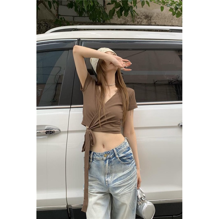 08#Tembakan Nyata Hemat Biaya VLengan Pendek, Satu Buah Tali Silang KerahTT-shirt