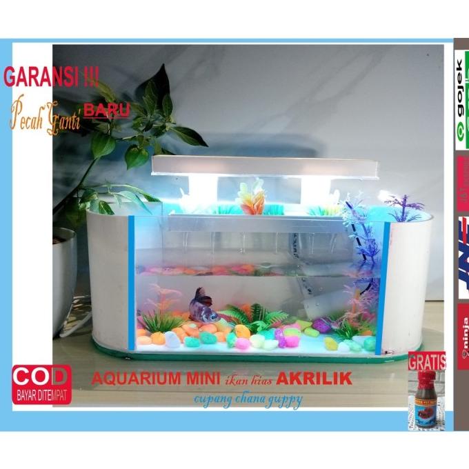 Aquarium Mini Akrilik Double Lampu Ikan Hias Air Mancur