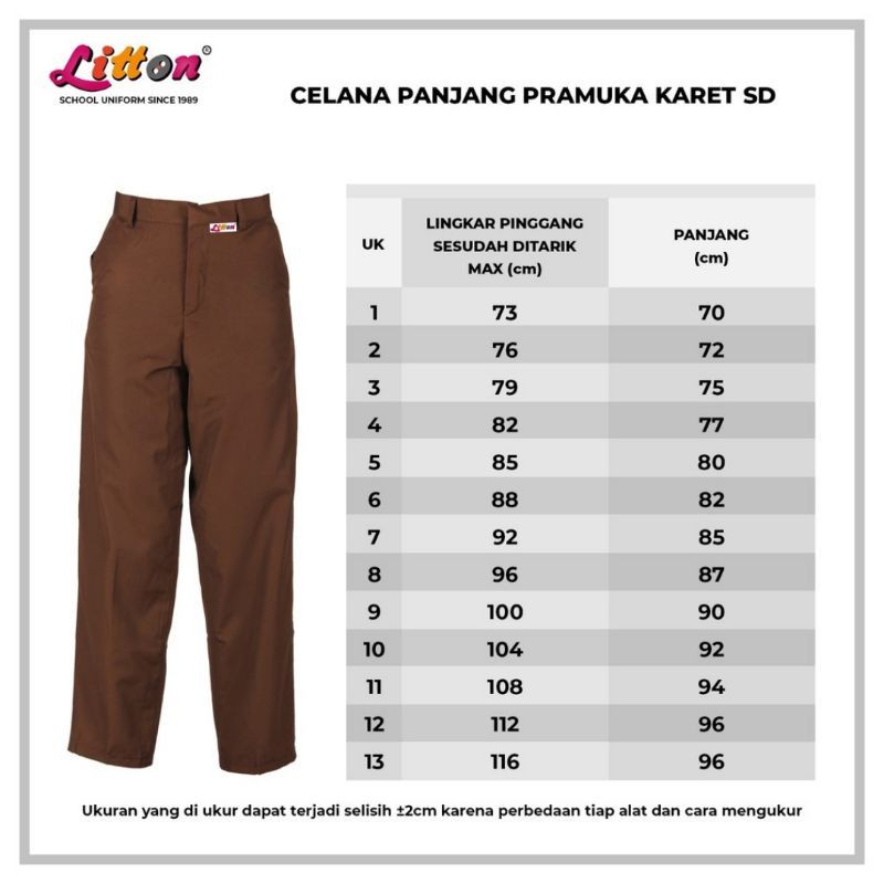 LITTON Celana Panjang Pramuka SD Pinggang Karet Coklat /  Seragam Sekolah Pramuka
