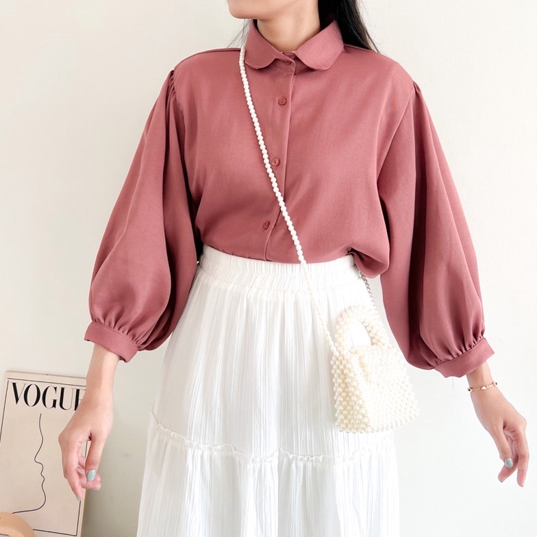 BIG DISKON F27 Elze Blouse Kemeja Lengan Balon Bahan Shakila | Atasan Wanita ッ