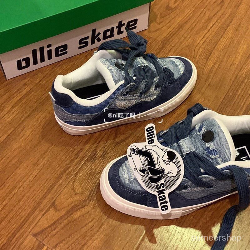 Guochao denim biru panas gaya roti sepatu wanita desain ceruk sepatu 2023 musim semi dan musim gugur