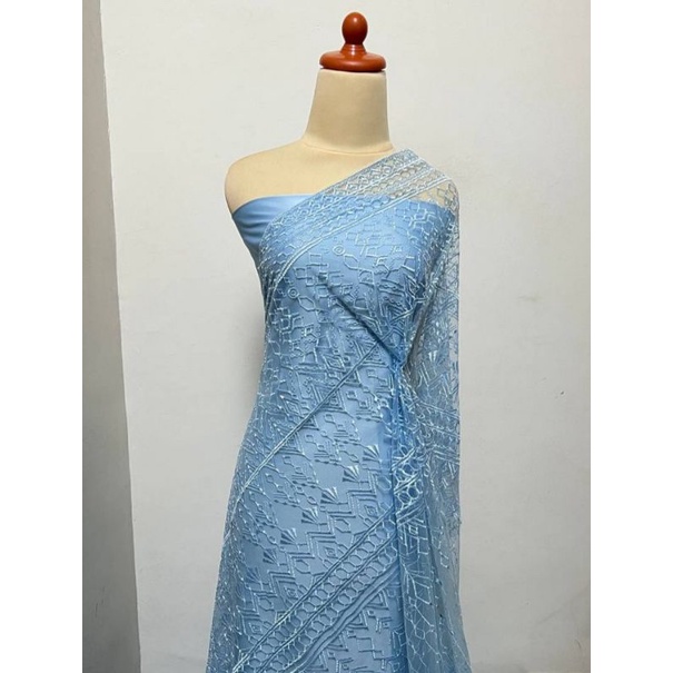 SETENGAH METER Kain Brukat Tile Pranci Premium Bahan Kebaya Motif Sumba - Dusty Blue ( HARGA PER 50cm KAIN )