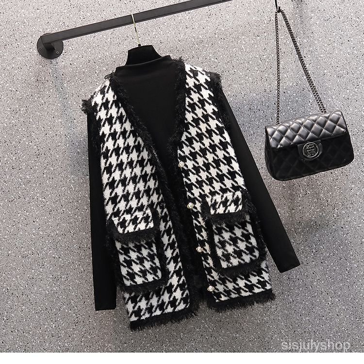 [✅BISA COD] #Sisjuly# Setelan wanita / jaket rompi kotak-kotak hitam putih baru / atasan ramping / c