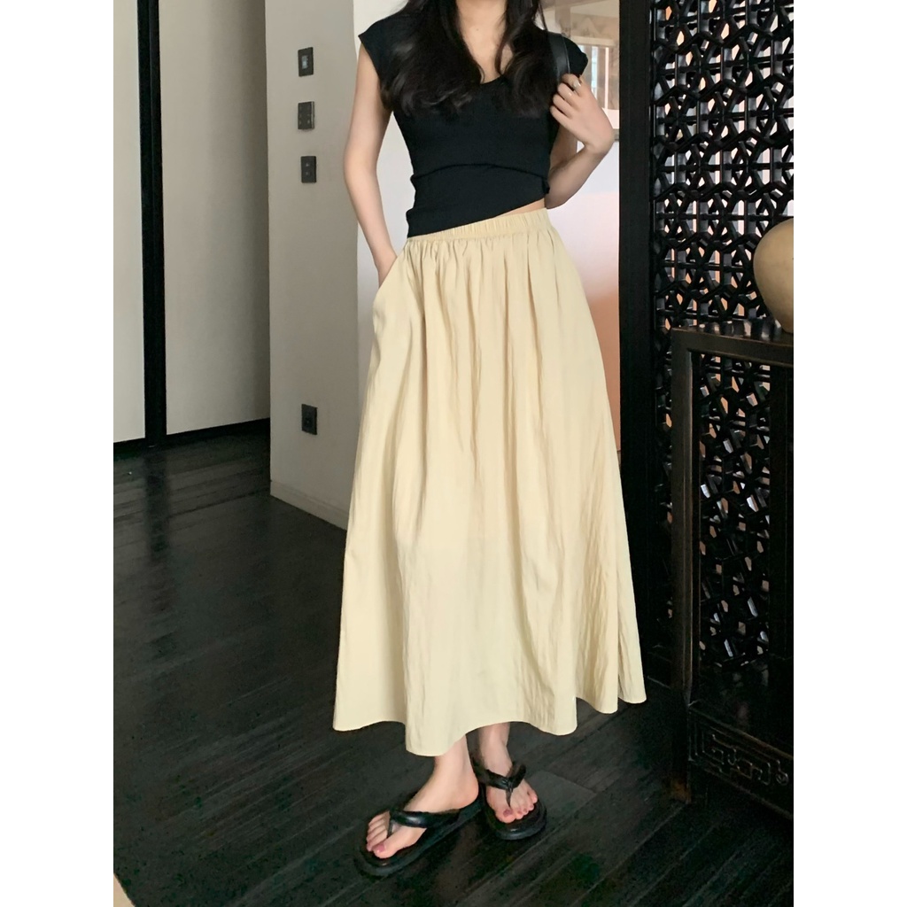 Musim Panas Baru Tinggi Pinggang Pinggang Elastis Pertengahan Panjang Rok