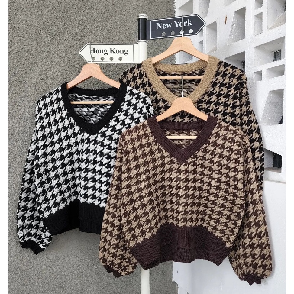 Crop Sweater Houndstooth / Rajut Outer Wanita Trendy Murah / Sweater Rajut Crop Top 42