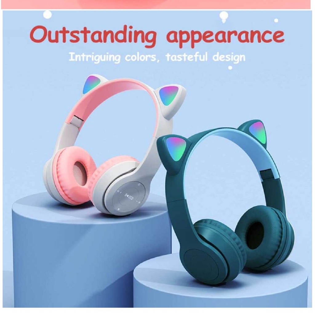 Headphone Headset Karakter Telinga Kucing Bluetooth Wireless Cute Cat Led P47