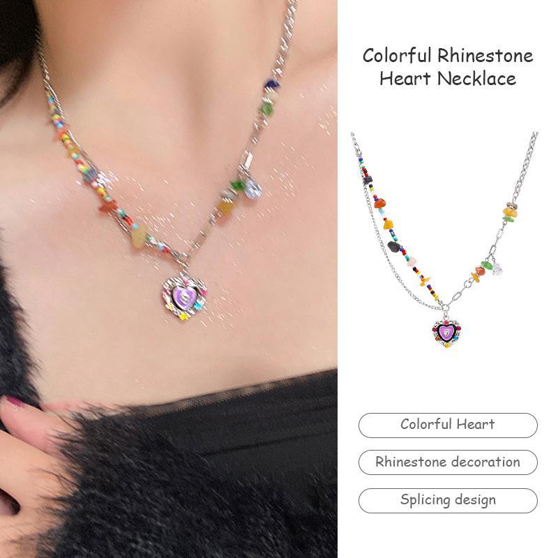 【Bayar di tempat】Fashion Manik-Manik Warna-Warni Rantai Perak Kalung Untuk Wanita Elegan Hati Liontin Kalung Perhiasan Aksesoris