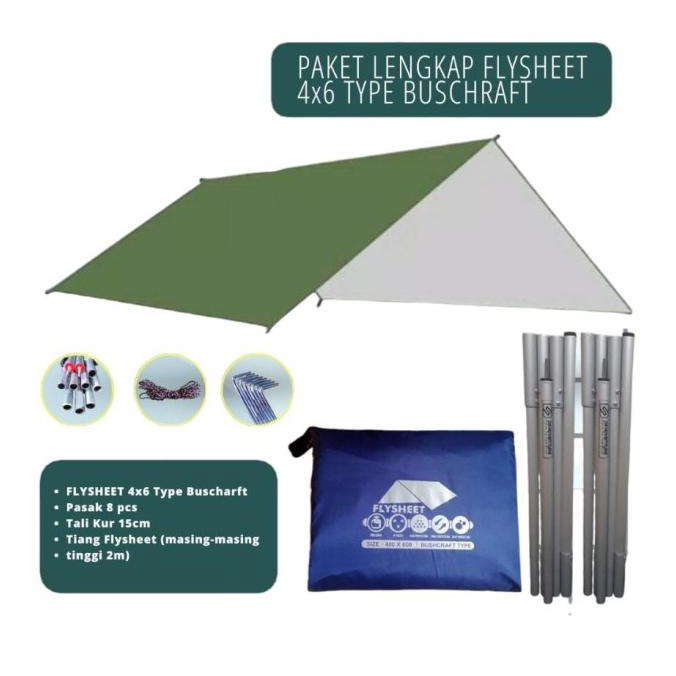 Paket flysheet 4x6 full set + pasak + tali + tiang flysheet bushcraft