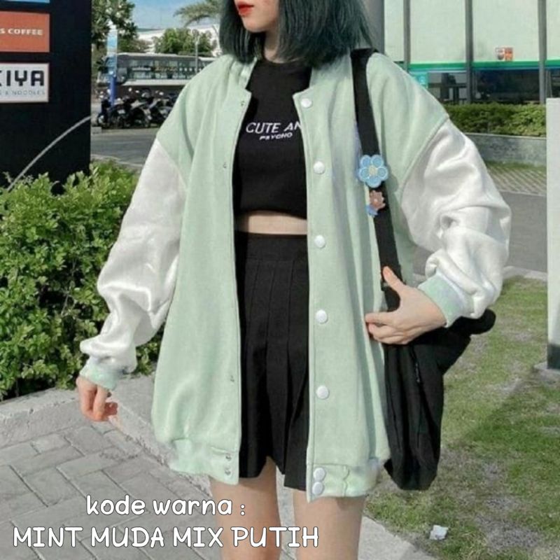 Jaket Baseball Big Size ( S - 6XL ) Jacket Varsity Kancing Bomber POLOS Oversized XXL XXXL 4XL 5XL FLeece Unisex Jacket Boy Girl Pria Wanita Jumbo Mix Kombinasi 2 Warna Street Style Urban Mint Muda merah maroon hijau botol pink blue Hitam Putih