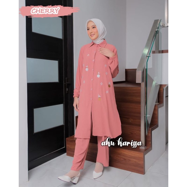 setelan celana tunik ayula aku karissa one set setcel Be happy oneset terbaru modis lucu murah muslim wanita kerja hangout ootd fashion