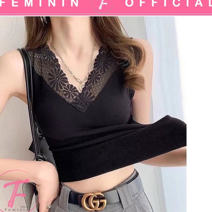 Feminin Tanktop Wanita Import with Cup Bra Model Renda Panjang