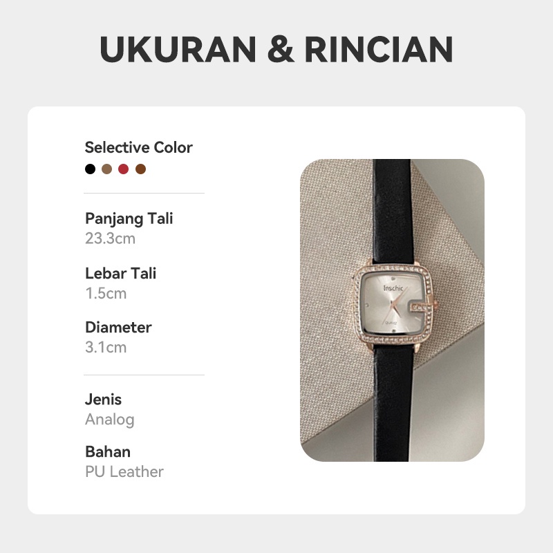 Jam Tangan Analog Dial Kotak Strap Pu Leather Aksen Berlian Imitasi Design Mewah Untuk Wanita