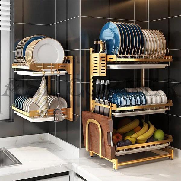 Rakpiring Rak Piring Dapur Besi Pelapis Gold/Rak Piring Tembok