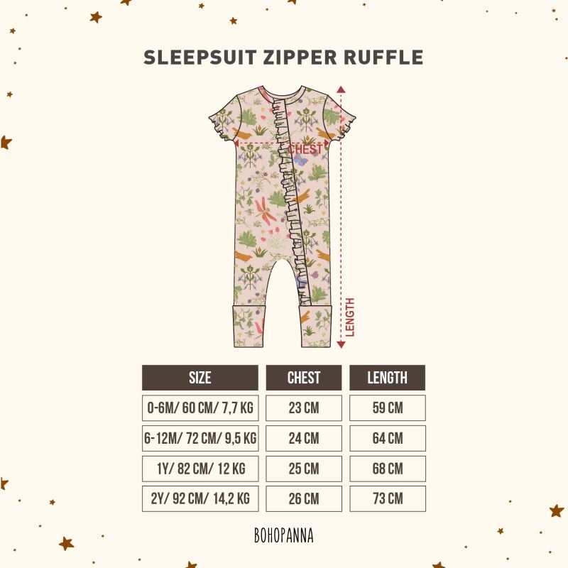 Sleepsuit Zipper Ruffle Bohopanna  B50 / Sleepsuit Bayi Motif / Sleepsuit Bayi Perempuan / Sleepsuit Bayi Perempuan Bohopanna