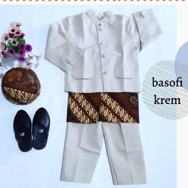 TERBARU Baju Basofi Adat Sunda Beskap Celana Anak Paud TK (Krem)