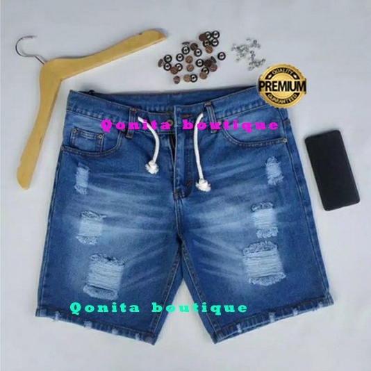 (G➸ L㊛5) Celana Jeans Pendek Sobek Bermuda Pria kekinian