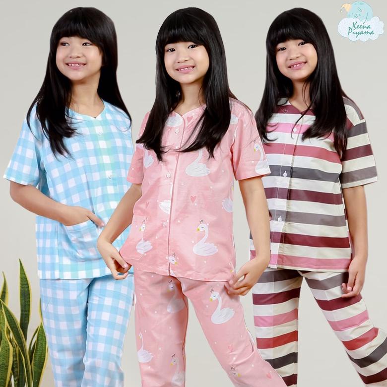 Bayar ditempat Set Baju Tidur/Piyama Anak Perempuan Laki Laki Katun Kerah Y Motif Garis Kotak Usia 1-15 Tahun murahh