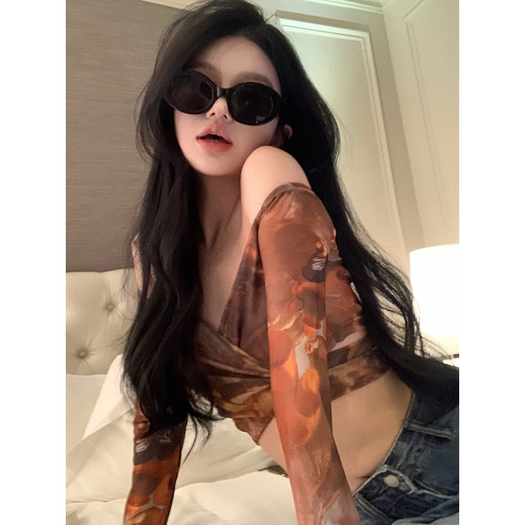 Red Spice girl tie-dye V-neck lengan panjang T-shirt wanita musim panas keinginan murni tinggi pinggang seksi strap slim pendek kemeja top