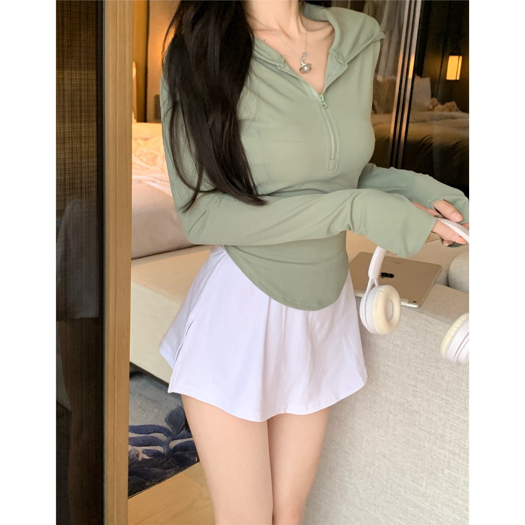 Red Ritsleting berkerudung gaya Hong Kong tabir surya T-shirt lengan panjang wanita musim panas baru gaya keinginan murni all-match olahraga pelangsing atasan tipis