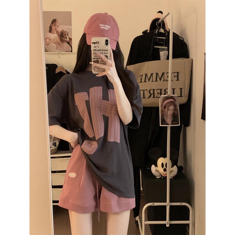 Red Setengah Panjang Longgar Cetak Huruf Lengan Pendek Atasan Wanita Musim Panas Gaya Korea Amerika Tipis Leher Bulat All-Match kasual T-shirt