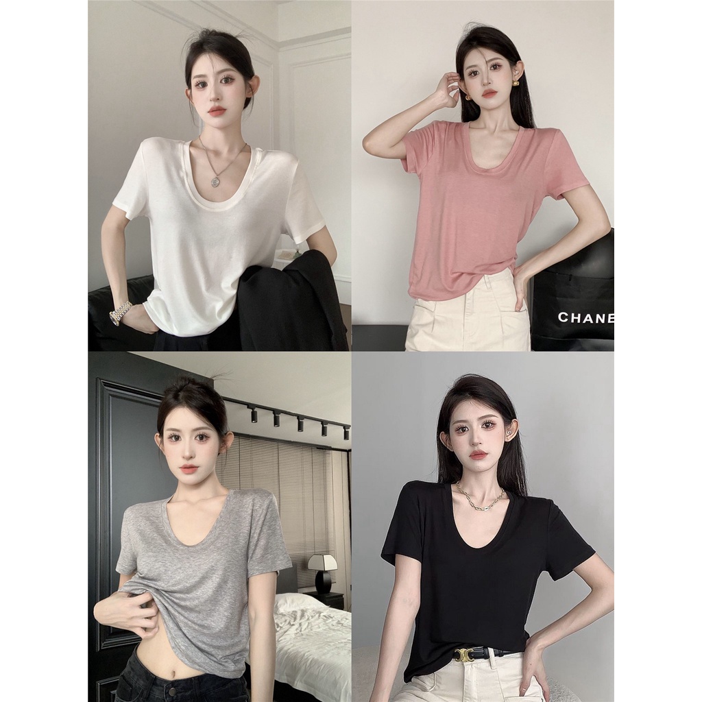 Red Bagian Tipis Leher U Lengan Pendek Atasan Wanita Musim Panas 2023 Baru All-Match Murni Keinginan Slim Merah Muda kasual T-shirt