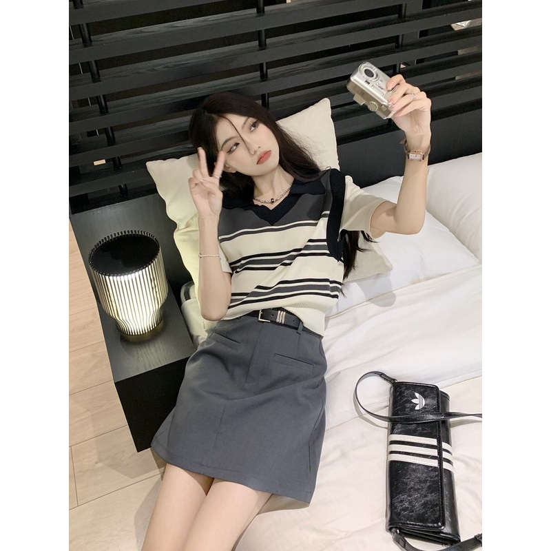 Red Fashion wanita musim panas baru pelangsing palsu dua potong kerah polo sweater top setengah panjang rok pendek set dua potong