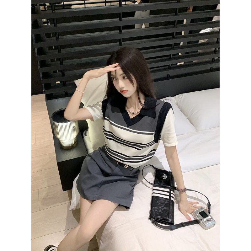 Red Fashion wanita musim panas baru pelangsing palsu dua potong kerah polo sweater top setengah panjang rok pendek set dua potong