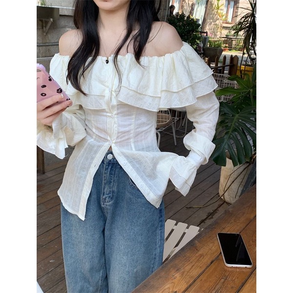 Red Murni dan harum daun teratai tepi pinggang kemeja sifon musim panas wanita dua pakaian satu bahu Korea fashion temperamen kemeja top