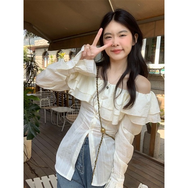 Red Murni dan harum daun teratai tepi pinggang kemeja sifon musim panas wanita dua pakaian satu bahu Korea fashion temperamen kemeja top