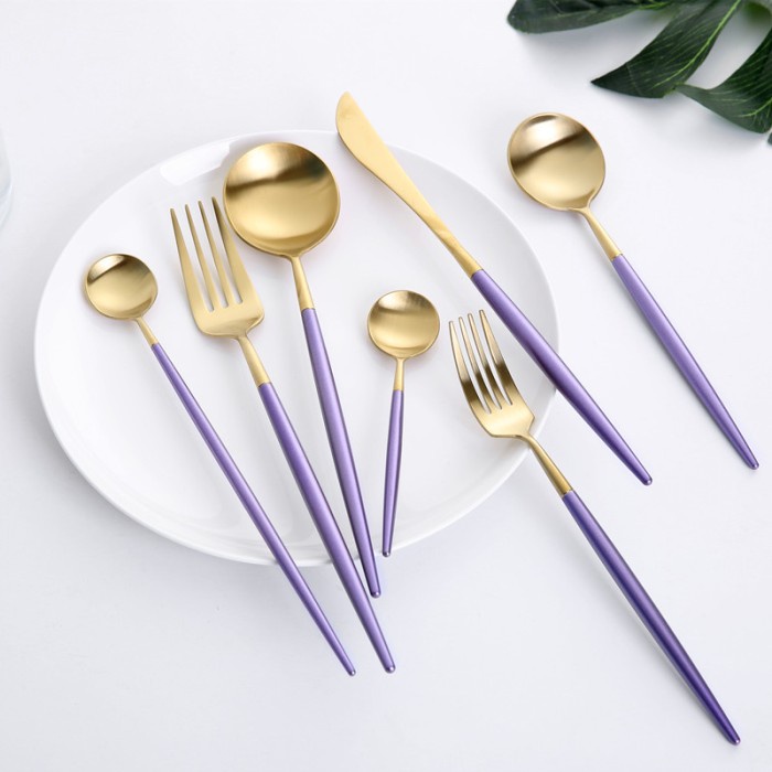 Sendok Makan Garpu Pisau Warna Lilac Gold Emas
