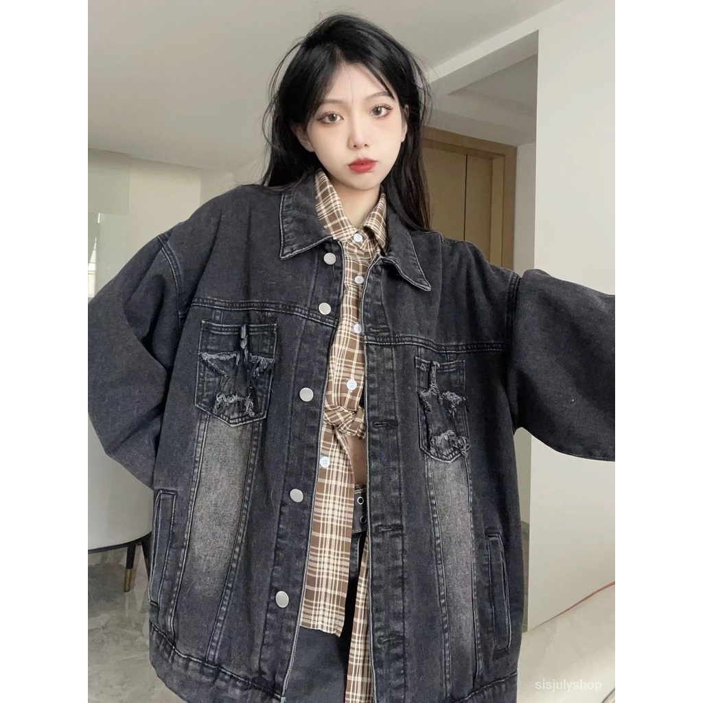 [✅BISA COD] #Sisjuly# Jaket denim Y2K wanita / Jaket denim tua vintage Amerika wanita 2023 musim sem