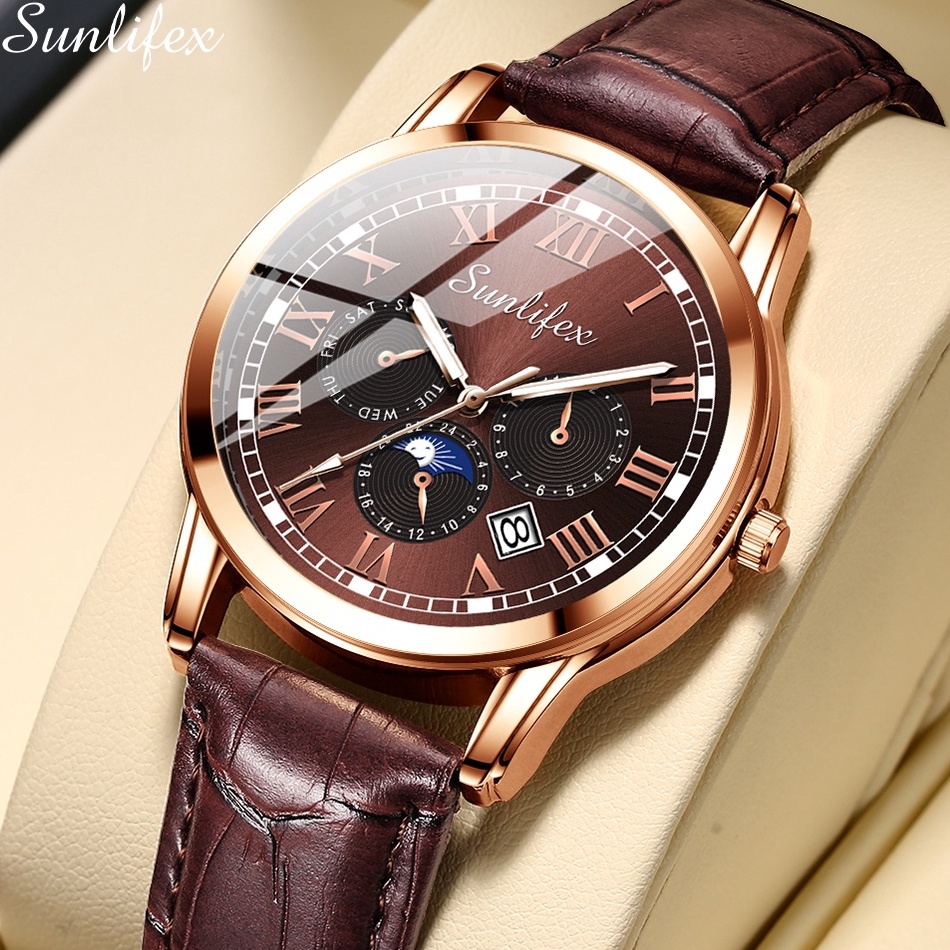 Langsung Kirim.. Sunlifex Jam Tangan Pria 7003 Kalender Kuarsa Santai Bisnis Tali Kulit Jam Tangan C