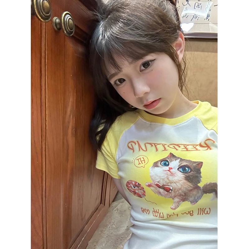 Red ZVBV Murni Keinginan Kucing Raglan Lengan Pendek T-shirt Wanita Musim Panas Katun Murni Lucu Manis Slim Slim Pusar top