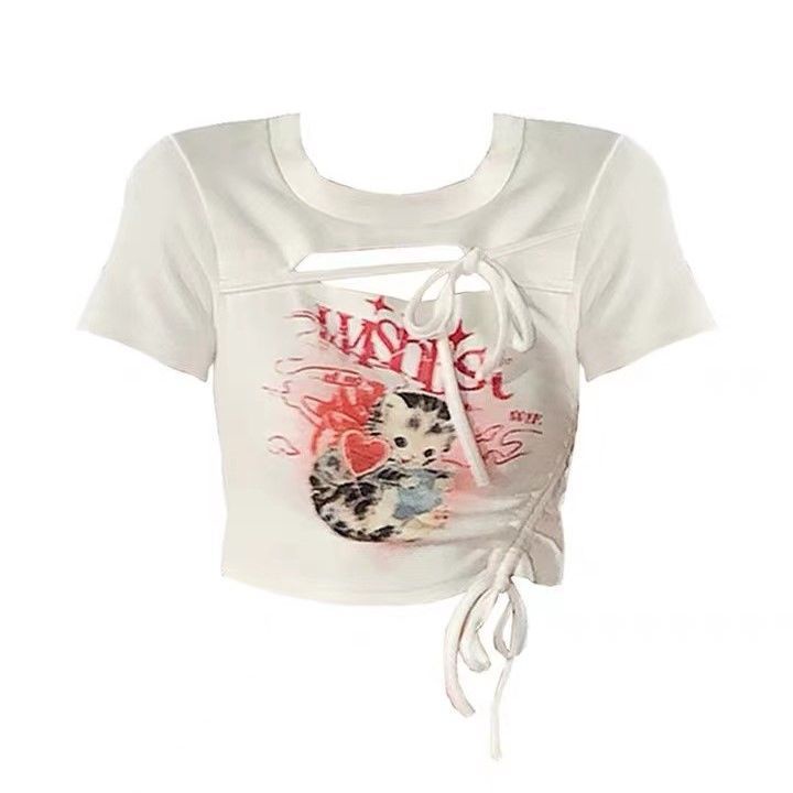 Red Gambar Solusi WAHJUIS Meow Meow Gas Desain Lengan Pendek T-shirt Wanita Musim Panas Serut Berongga Pendek Pusar Atas
