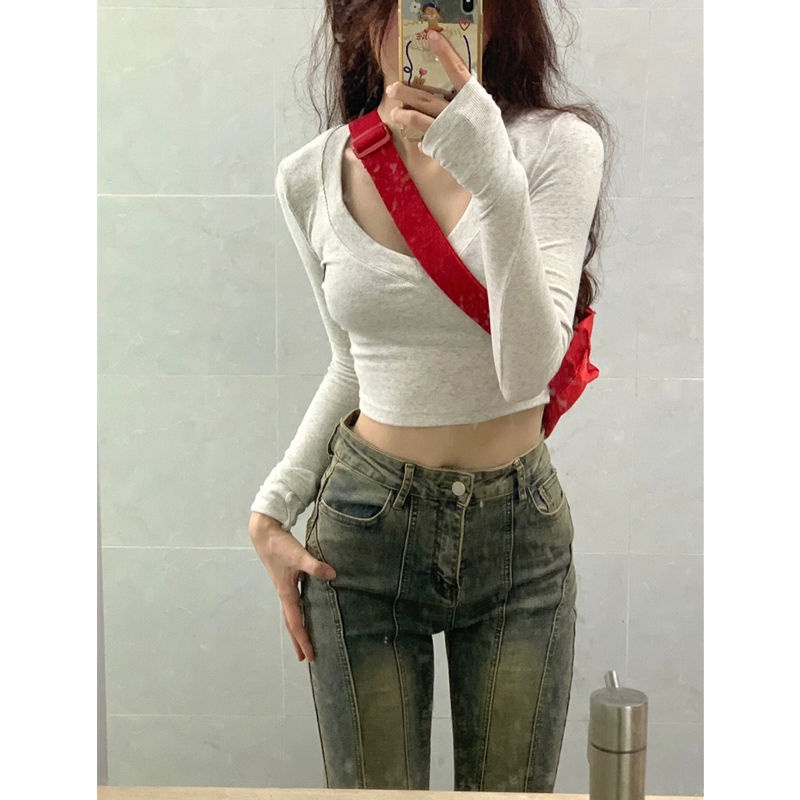 Red Spice girl V-neck lengan panjang T-shirt wanita musim gugur baru pelangsing dan tipis desain kemeja bottoming rasa ceruk bordir pendek top
