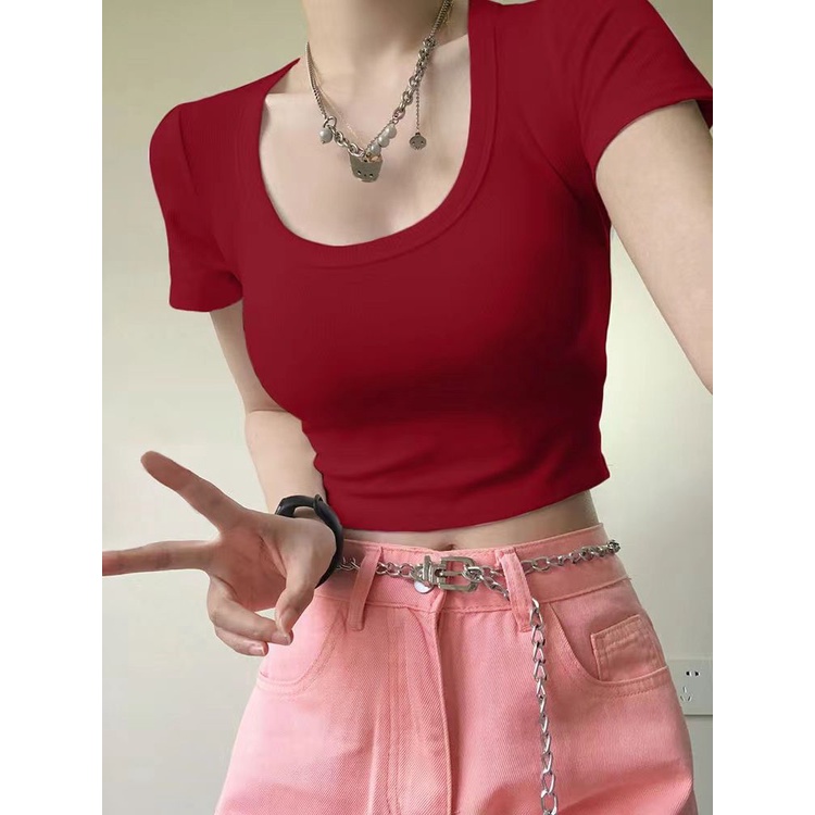 Red Kapas Murni Pendek Slim Slim-Fit Pusar Bahu Depan Lengan Pendek T-shirt Perempuan Hot Gadis Murni Keinginan besar Garis Leher Top U-Leher T-shirt Musim Panas