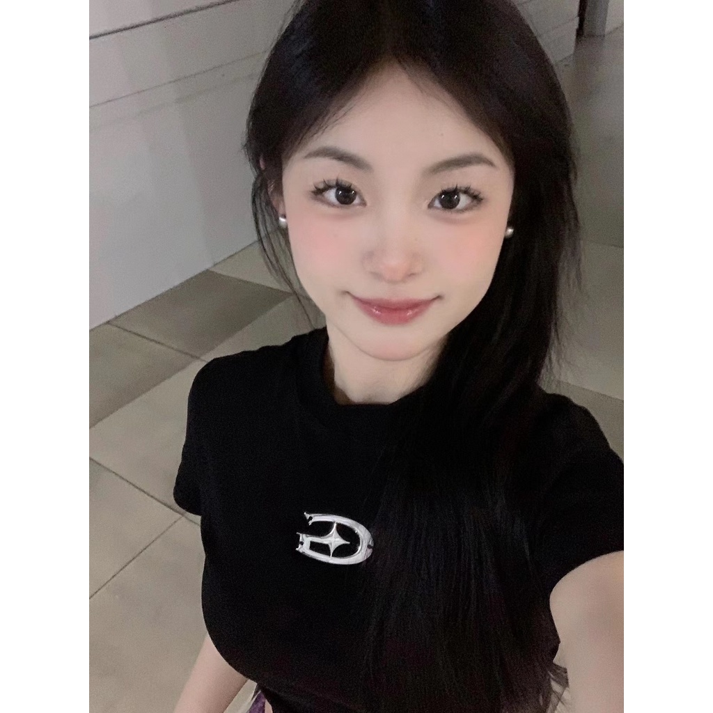 Red Kapas ceruk desain baru hitam pendek T-shirt logo atasan berkualitas tinggi gaya gadis panas lengan pendek wanita musim panas