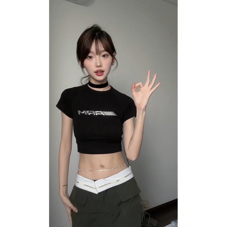Red American Retro Logam Cair Bahu Depan Lengan Pendek T-shirt Wanita Musim Panas Pendek Hitam Gadis Slim Slim Y2k top