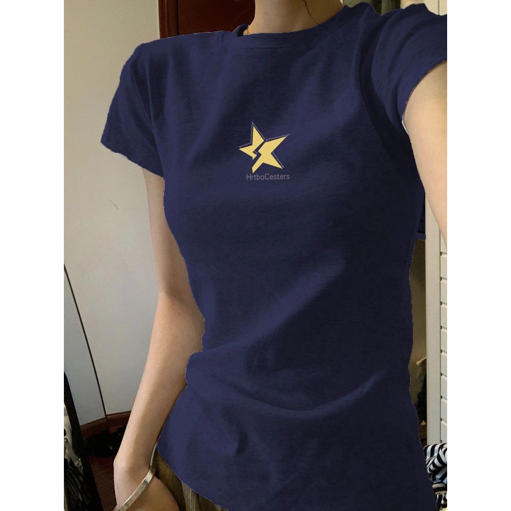 Red Amerika retro bahu depan bintang lengan pendek t-shirt wanita musim panas rasa desain niche slim slim hot girl short top