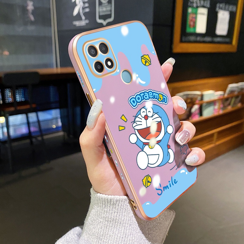 Case Ponsel untuk OPPO A15 A15s A35 A16 A16s A54s A16k A16e Case Smile Doraemon tepi HP samping Plating Casing pola penutup lensa penuh Kesing kamera melindungi Shockproof Softcase
