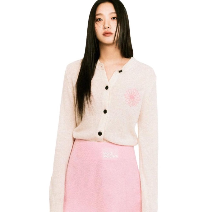 MARDI MERCREDI Mohair Cardigan Round Neck Ivory Pink