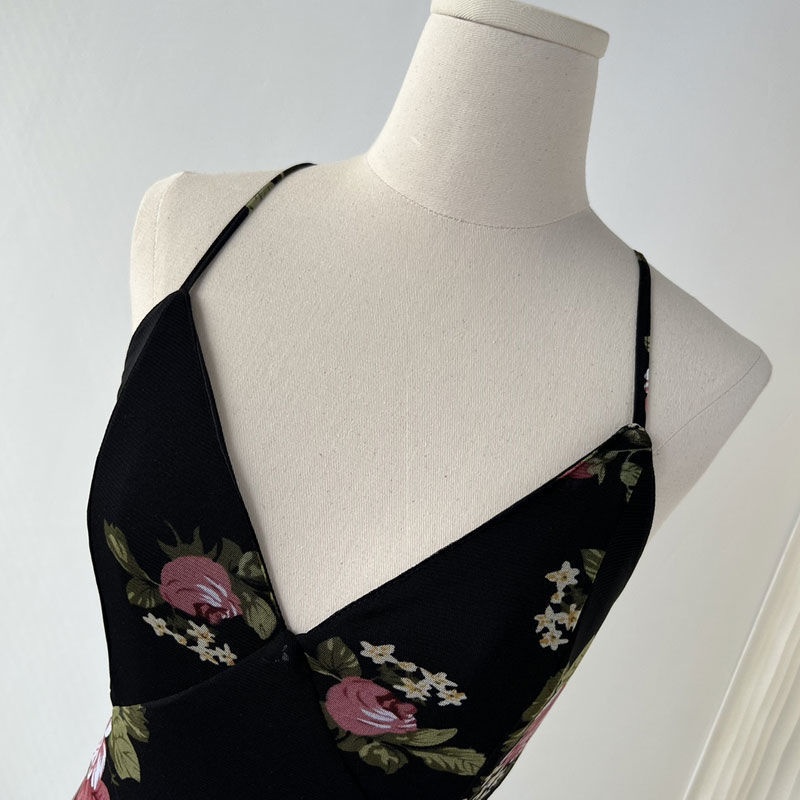 Red Retro rose print feminin seksi buka kembali tas pinggang kecil hip sling fishtail gaun panjang gaya baru