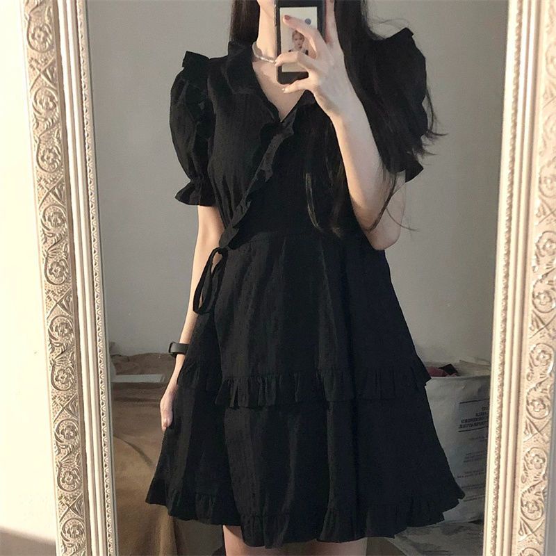 Red Gaun hitam kecil temperamen retro Prancis dengan telinga kayu boneka kerah pinggang gaun pelangsing rok A-line musim panas siswa perempuan
